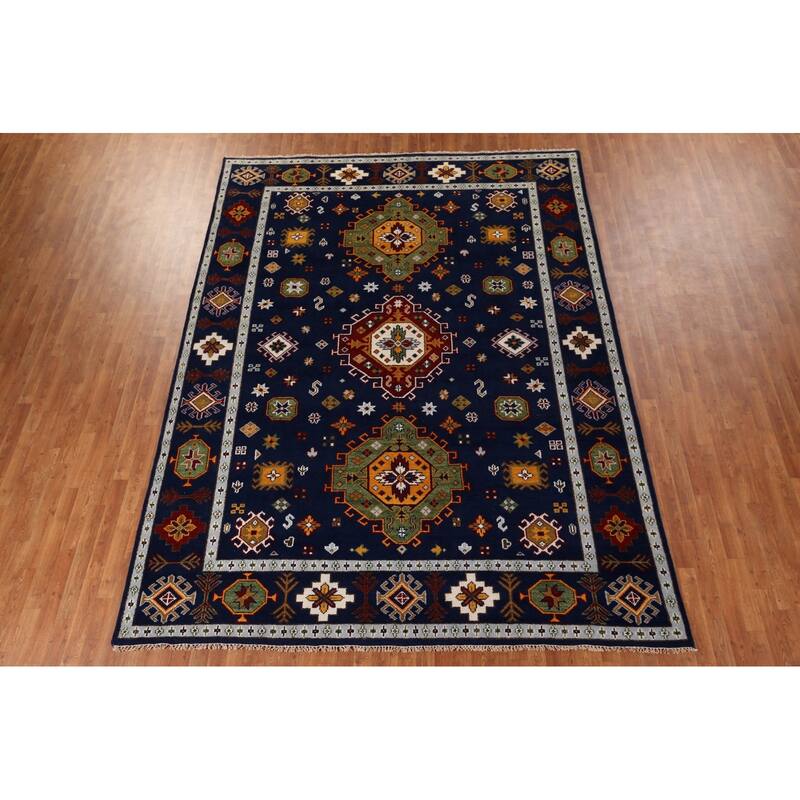 Navy Blue Geometric Kazak Oriental Area Rug Handmade Wool Carpet - 8'8" x 11'11"