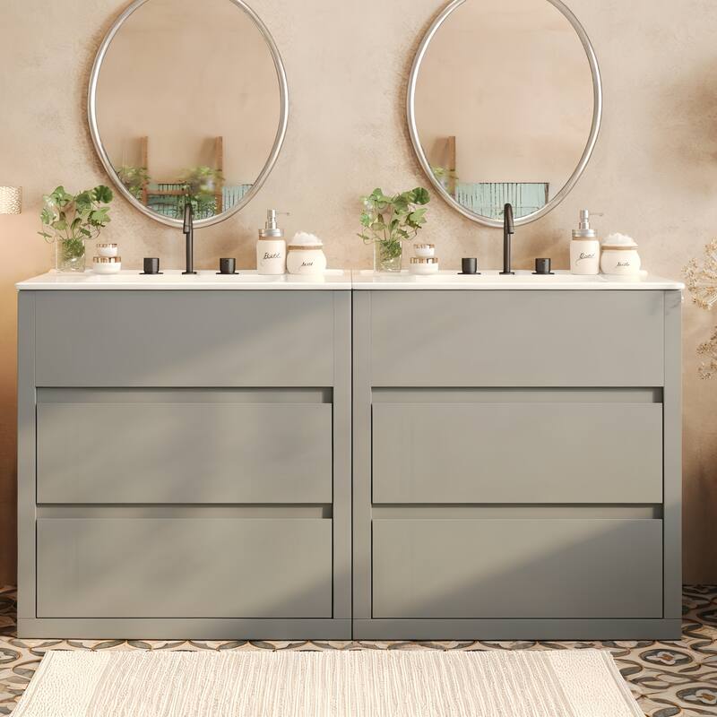 60" Double Sinks Bathroom Vanity Set, Bathroom Cabinet with Two Separate Ceramic Sinks, Soft Close - Gray
