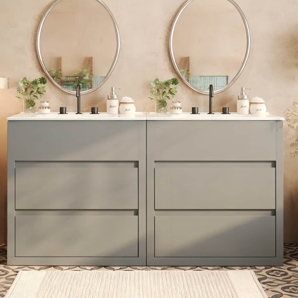 60" Double Sinks Bathroom Vanity Set, Bathroom Cabinet with Two Separate Ceramic Sinks, Soft Close
