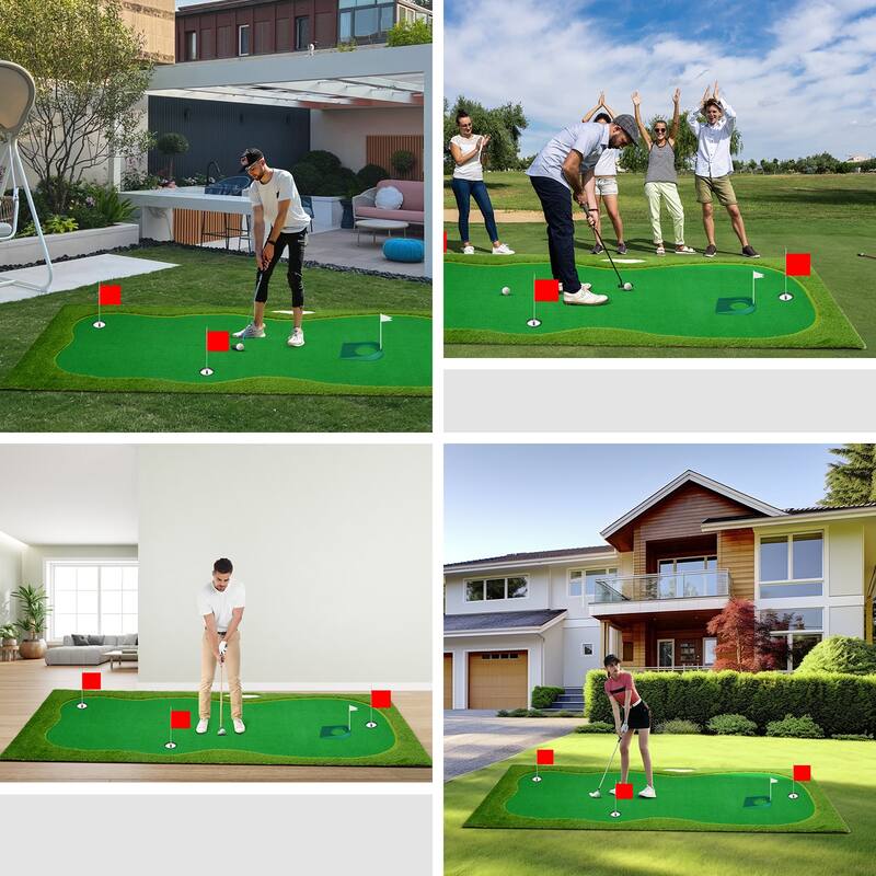 Indoor/Outdoor Putting Green Mat with Stainless Steel Challenge Cups & Slope Design for Practice