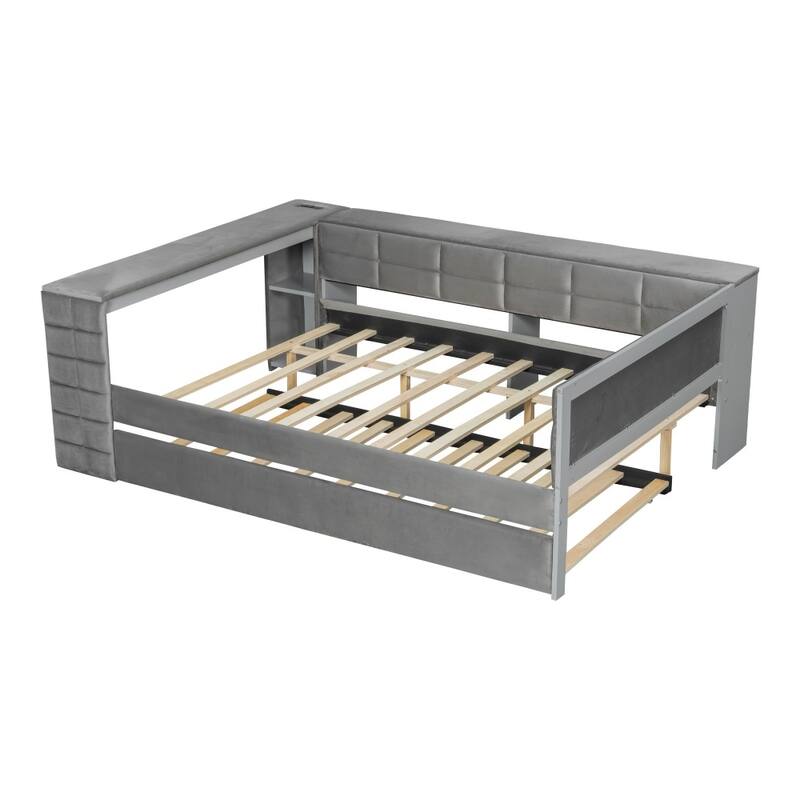 Velvet Full Size Platform Bed with Charging Station and Trundle, Storage Shelves
