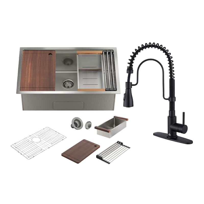 All-in-One Undermount Single Bowl 16 Gauge Nano Brushed Stainless Steel Workstation Kitchen Sink with Accessories and Faucet Set - 30 x 19 x 10 - Sink + Matte Black Pull Down Kitchen Faucet