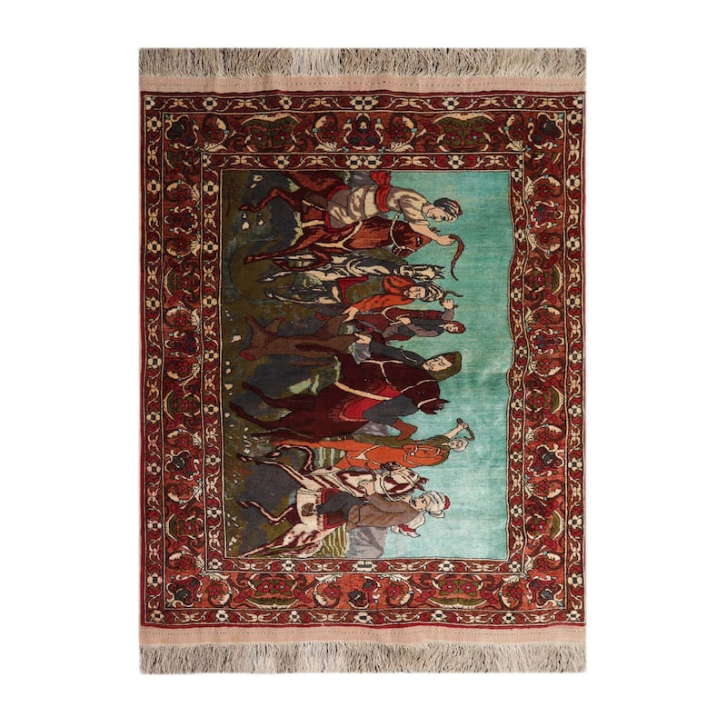 Hand Knotted Turquoise Persian Wool Traditional Oriental Area Rug - 3' 7'' x 5'