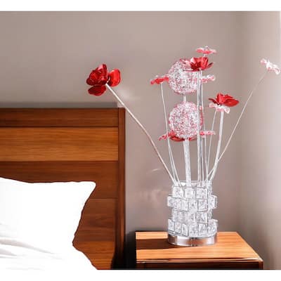 HomeRoots 21" Silver and Clear Metal and Faux Crystal Geometric And Roses Bedside Lamp - 7.5