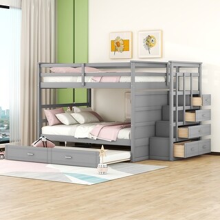 Full Over Full Bunk Bed with Twin Trundle & Stairs, Wood Bunk Beds with Storage Drawers & Guardrail for Kids Teens Adults, Grey
