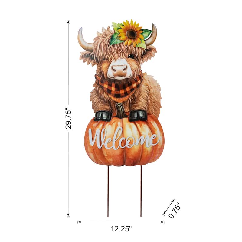 Glitzhome Fall Metal Pumpkin Patch Combo Yard Stake Highland Cow Wall Decor for Thanksgiving