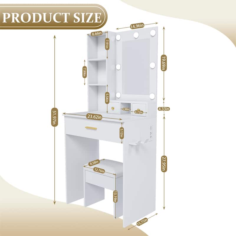 Vanity Table with Mirror & Adjustable LED Lights, Power Outlet, Hairdryer Holder & Stool - White