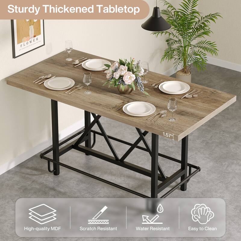 63" Long Wood Dining Table for 4-6 People, Farmhouse Dinner Table with Thick Tabletop, Kitchen Table with Footrest