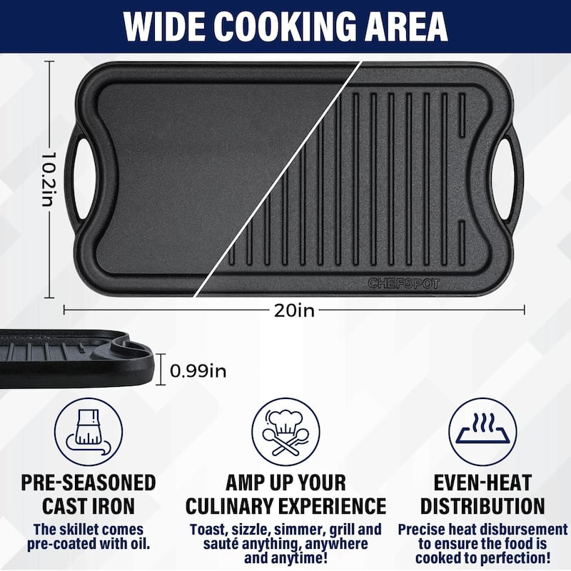 20" Preseasoned Cast Iron Reversible Griddle Plate Pan - 20 Inch