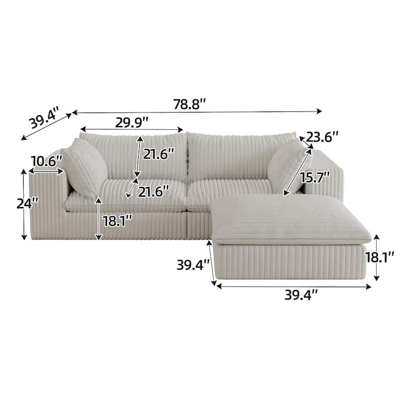 Corduroy Loveseat & Ottoman Set, L-shaped Sectional Sofa with Double-layer Seat Cushions, Modular Chaise Lounger Couch