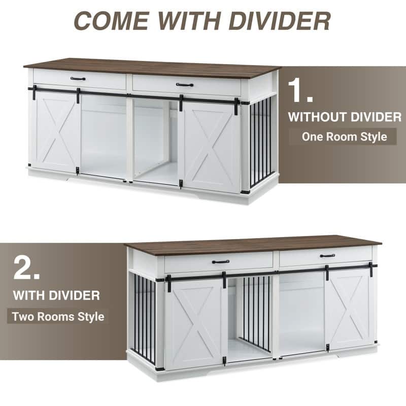 Wood Barn Door Large Dog Crate Furniture With 2 Drawers and Divider
