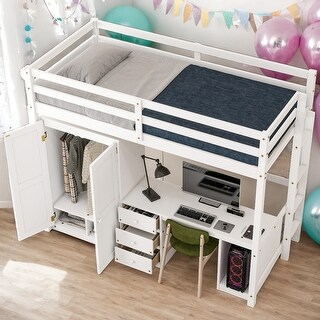 Twin Size Loft Bed with Wardrobe,Desk and Storage Drawers