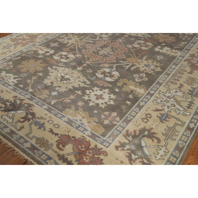 Earth Tone Brown Oushak Indian Area Rug Hand-Knotted Wool Carpet - 8'1" x 9'7"