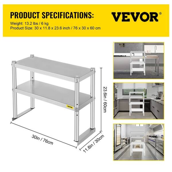 VEVOR Double-Tier Stainless Steel Overshelf – 72" X 12" Adjustable Height Shelf For Prep Tables, Kitchens, Restaurants & Workshops
