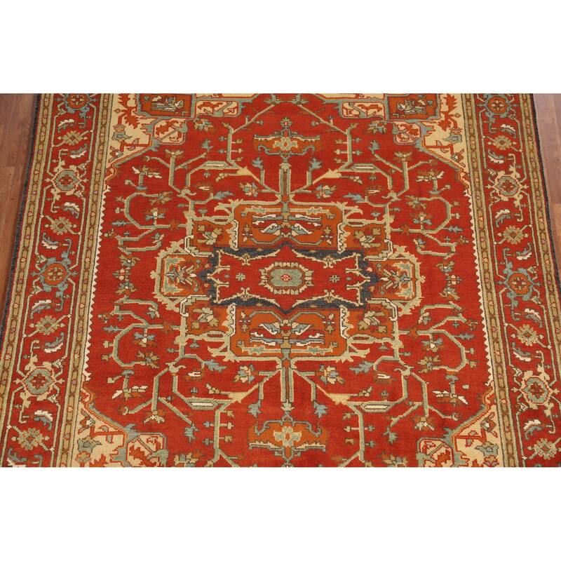 Medallion Heriz Serapi Indian Area Rug Hand-Knotted Floral Wool Carpet - 7'11" x 9'10"
