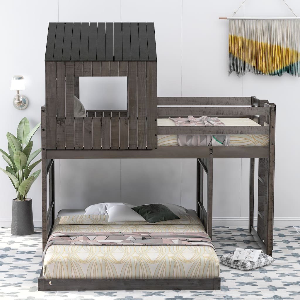 Twin Over Full House Bunk Bed Wooden Loft Bunk Bed Frames with Playhouse, Farmhouse, Ladder and Guardrails for Boys or Girls