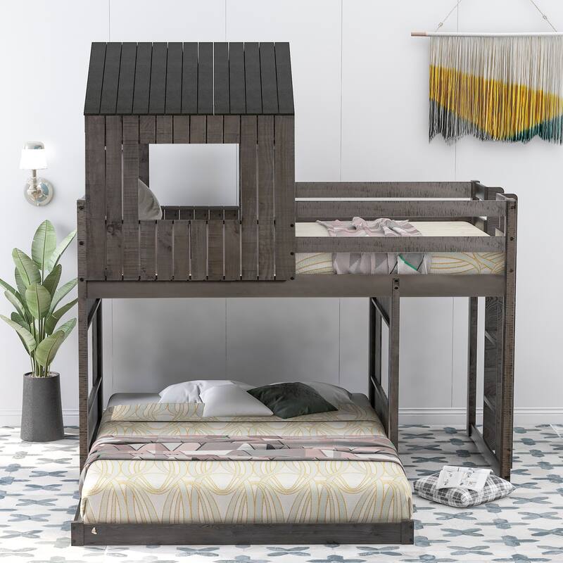 Twin Over Full Playhouse Bunk Bed Wood Loft Bunk Bed Frame with Ladder