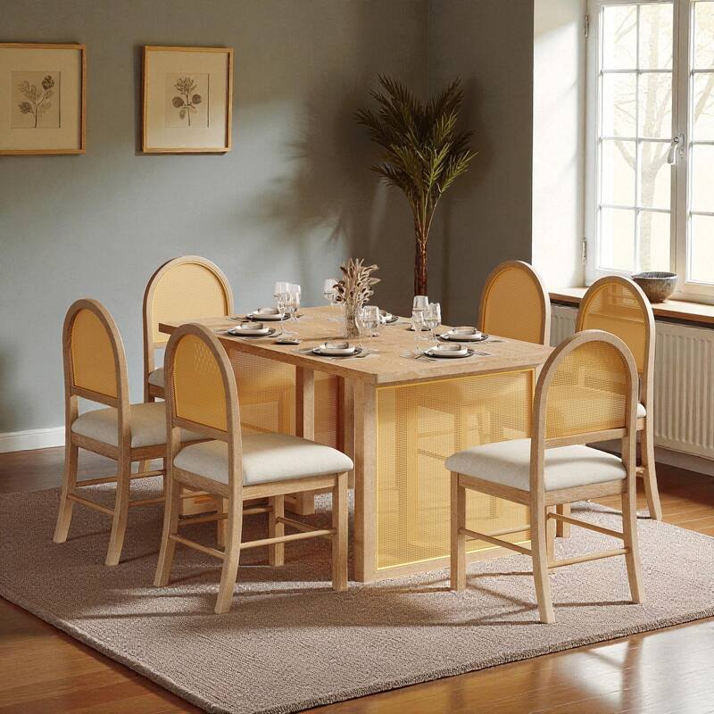 7-Piece Farmhouse Dining Set, 59.8" Distressed Oak Veneer Table with 6 Rattan Chairs, Rustic Dining Room Furniture - Natural