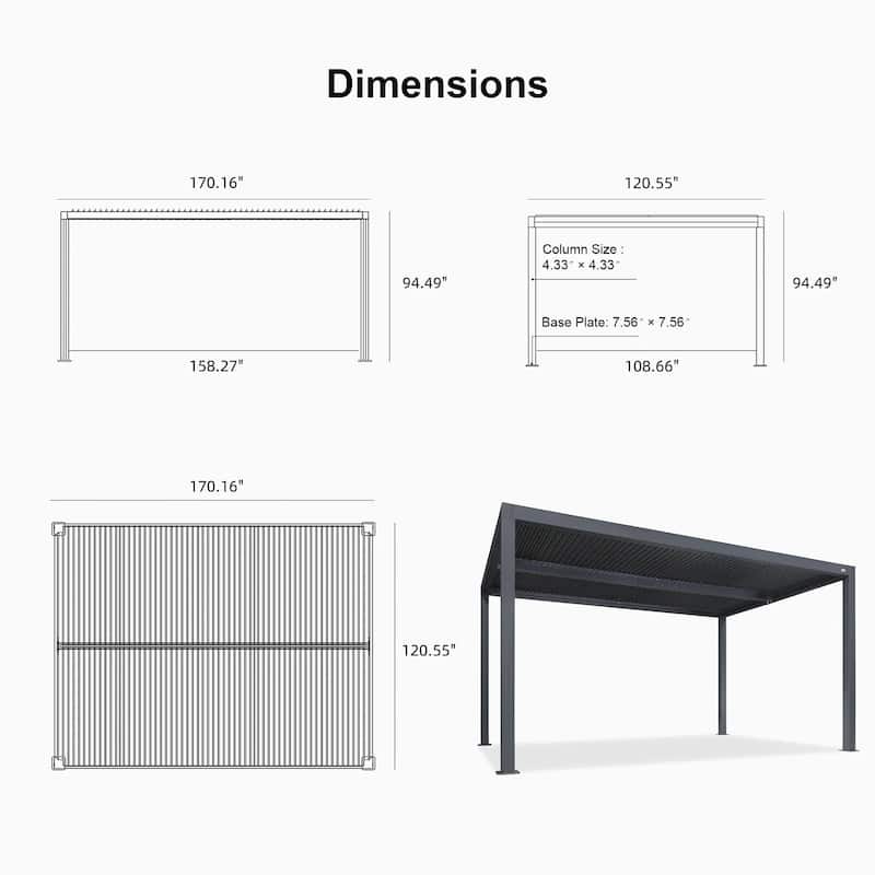 PURPLE LEAF Gray Louvered Pergola Outdoor Aluminum Pergola with Adjustable Roof for Patio Grey Hardtop Gazebo