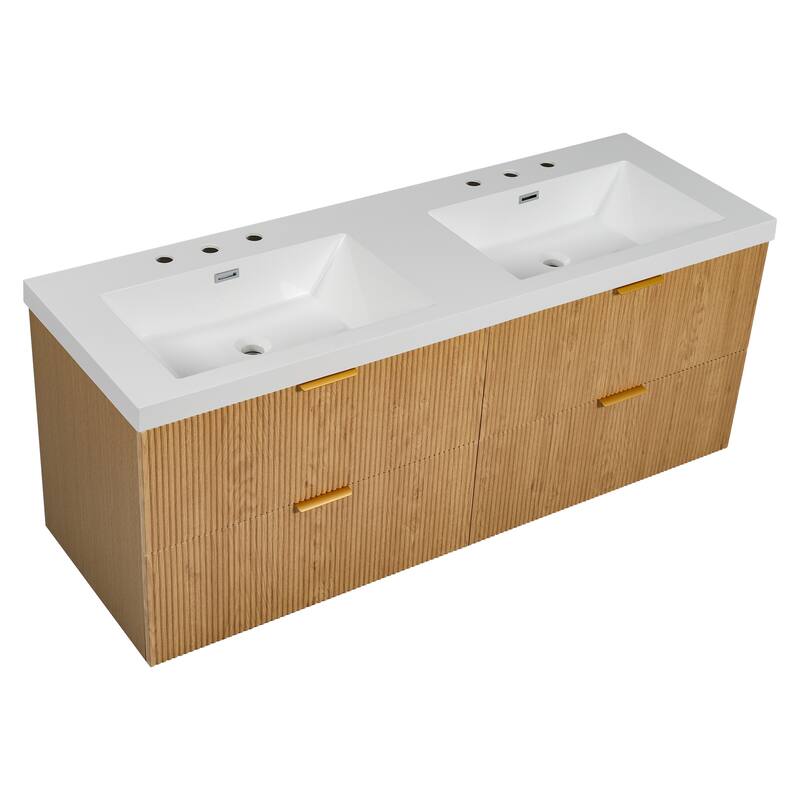 Floating Bathroom Vanity with Double Sink, Wall-Mounted Storage Vanity with 4 Drawers, SMC Integrated Basin - 59.3 Inch