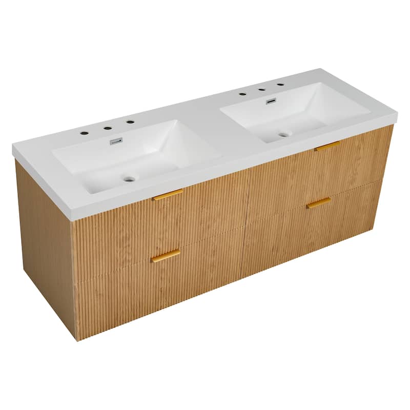 GDFStudio - Stratford Modern Wall Mounted Double Sink Bathroom Vanity with SMC Countertop, Soft Close Drawers & Storage - 19.8"