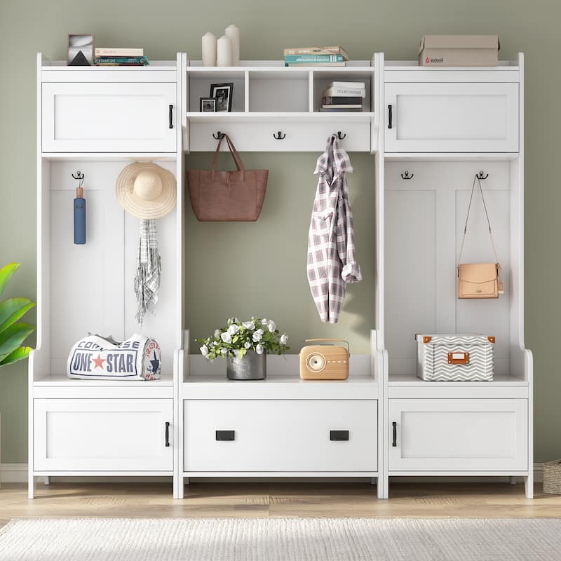 Modern Style 4-in-1 Multiple Functions Hall Tree with Ample Storage Drawer and 7 Metal Hooks