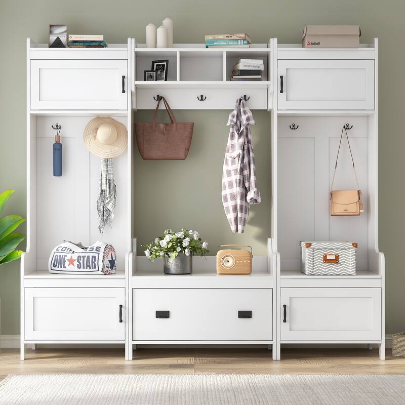 Roomfitters Modern Mudroom Hall Tree with Bench, 4-in-1 Coat Rack with 7 Black Hooks and Large Storage Compartment, White