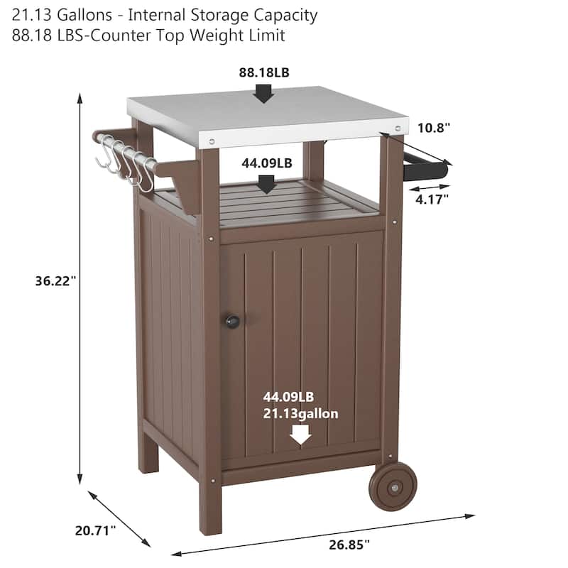 Barbecue/Grill Side Table Trolley, Outdoor Prep Dining Table Serving Cart with 304 Stainless Steel Top-HDPE