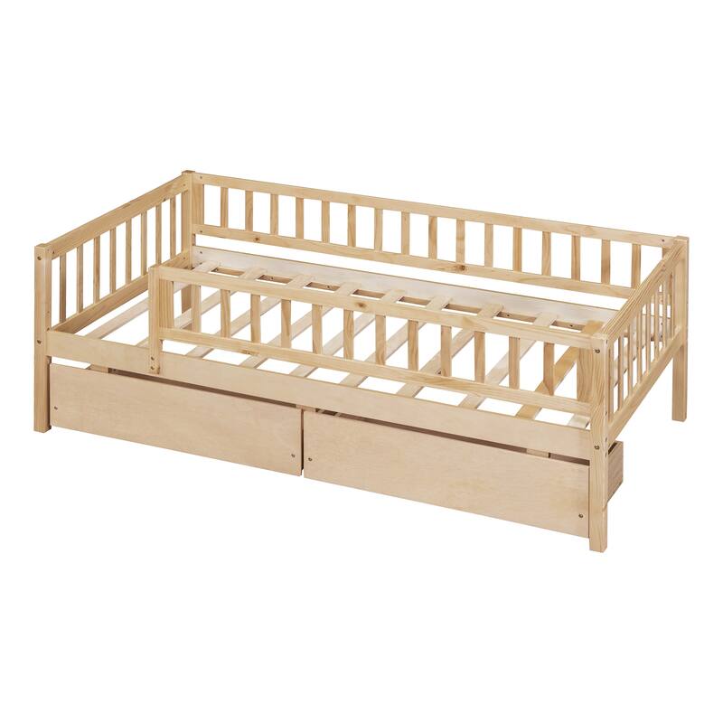 Twin Size Daybed Wood Bed Wood Platform Bed Frame No Box Spring Needed, 2 Extendable Wood Drawers with Trundle for Boys Girls