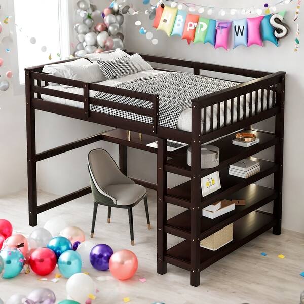 slide 2 of 9, Modern Full Size Loft Bed With Shelves And Under-bed Desk,Stable Guardrails for Bedroom Espresso