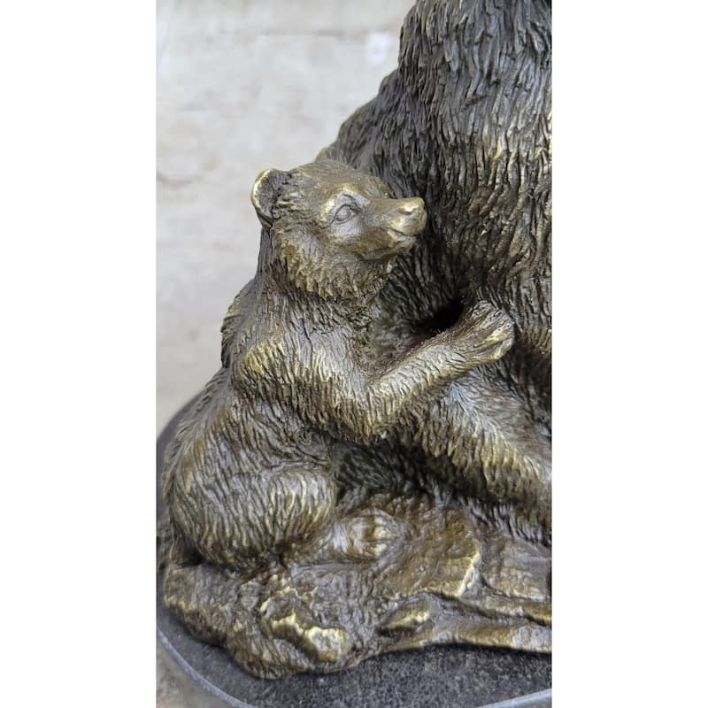 Signed Original Grizzly Bear With Her Two Cubs Bronze Sculpture Statue Figurine