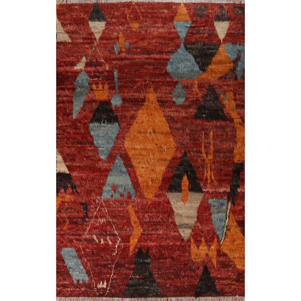 Hand Knotted Oriental 100% Wool Carpet Modern Tribal Red Moroccan Area Rug - 9' 9'' X 6' 10''