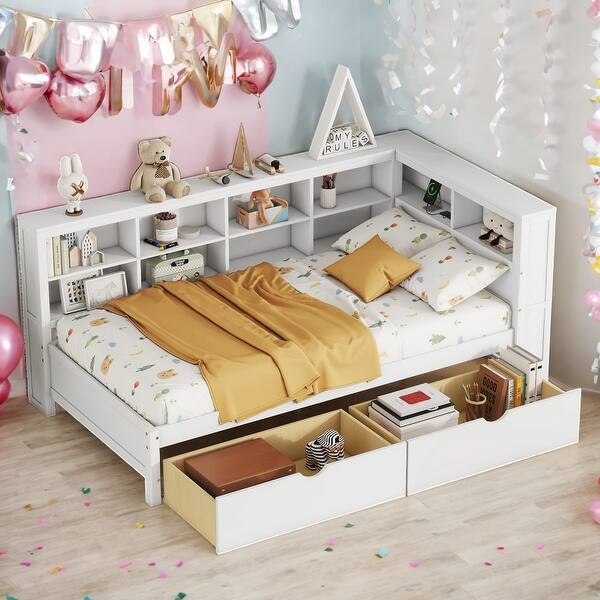 slide 2 of 9, Wooden Twin Size DayBed with 2 Drawers Kids Bed with Storage Shelf and USB Charging Ports, White White