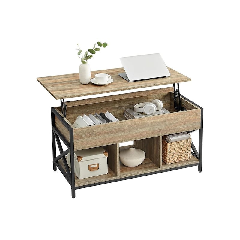 Modern Industrial Coffee Table with Adjustable Lift Top and Hidden Storage Open Compartments - Oak with Blue Grains