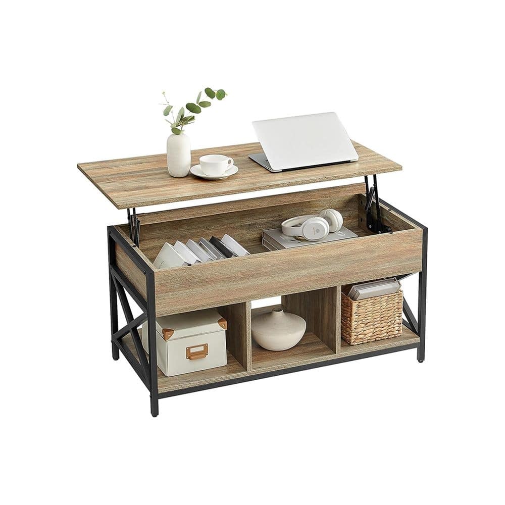 Modern Industrial Coffee Table with Adjustable Lift Top and Hidden Storage Open Compartments
