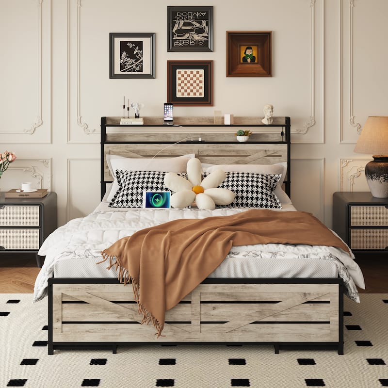Queen/Full Storage Bed Frame with LED Headboard & 12 Drawers, Anti-Slip Metal Platform - White - Full