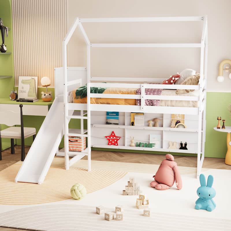 Twin Size Wood House Loft bed with Slide