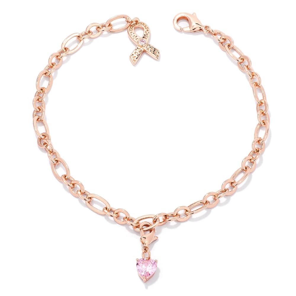 Breast Cancer Awareness Ribbon And Heart Charm Bracelet - 8 Inch