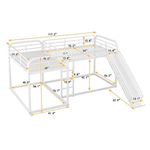 dimension image slide 0 of 2, Full and Twin Size L-Shaped Bunk Bed with Slide, Short Ladder, and Safety Guardrails, Perfect for Kids and Guests, Black