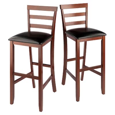 2 Piece Walnut Brown and Black Cushioned Ladder Back Barstools 43"