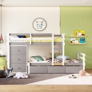 Twin over Twin Wood Loft Bunk Bed with Drawers and Ladder - Bed Bath ...