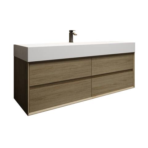 Kube 60'' Coffee Wood Wall Mounted Nano Bath Vanity with Single Acrylic sink