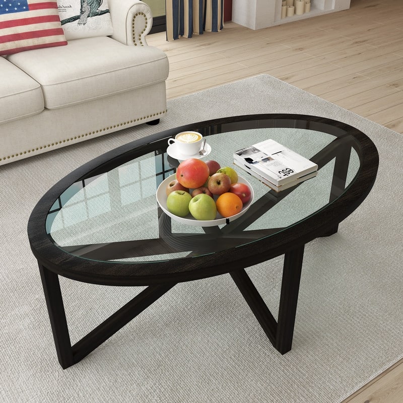 Modern simple glass coffee table, tempered glass coffee table solid wood base round transparent glass top