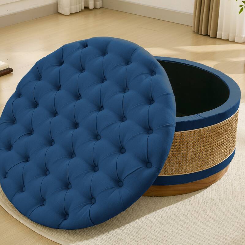 Linen & Rattan Round Storage Ottoman, Button-tufted Upholstery