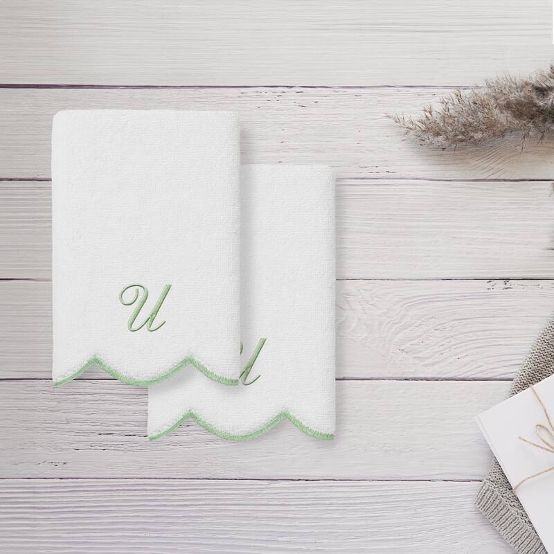 Authentic Hotel and Spa 100% Turkish Cotton Green ADORNIA Scallop Personalized 2 Piece Fingertip Towel Set - 2 Fingertip Towels