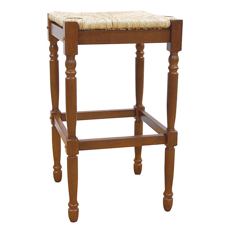 Solid Wood Rush Seat Backless Counter Height Stool with Footrest