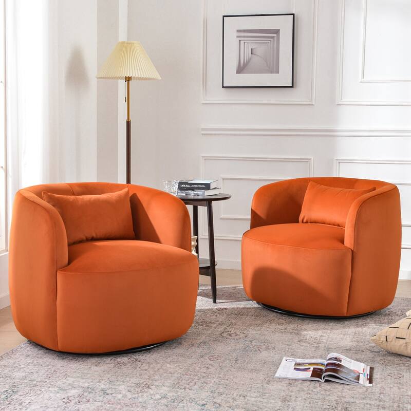 KINWELL 34" Wide Velvet Upholstered Swivel Accent Chair with Toss Pillow - Set of 2 - Rust Velvet