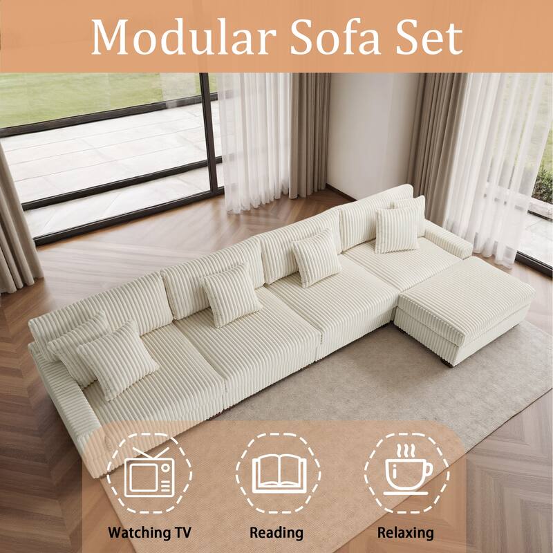 Modular Cotton Flannel Plush Sectional Sofa with Ottomans
