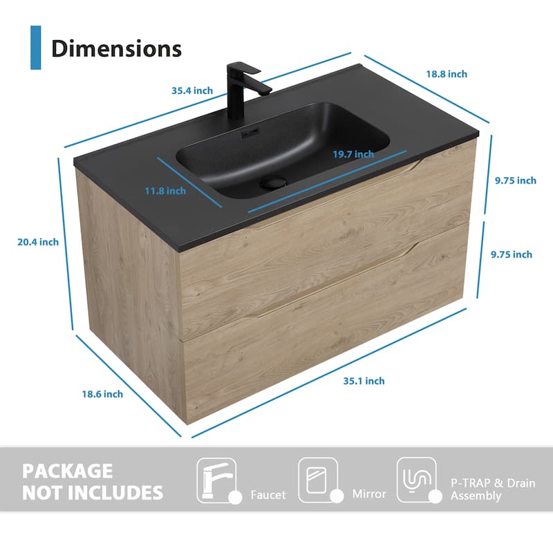 RupheonD 24"-48" Floating Bath Vanity in Evita Oak with Black Quartz Top