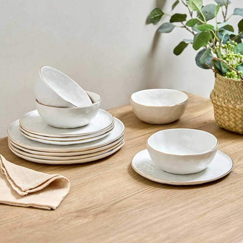 Sango Gansevoort 12-Piece White Stoneware Dinnerware Set - Service for 4, Plate & Bowl Set